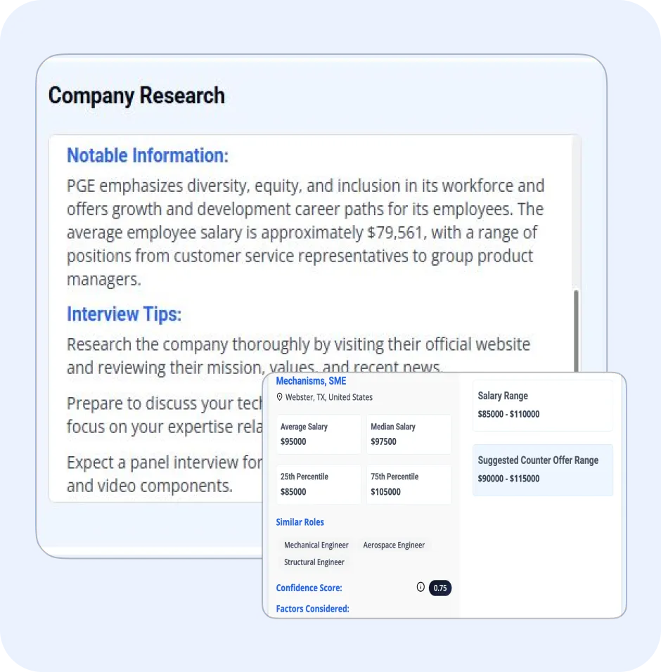 Company research interface displaying notable information about PGE, including diversity and salary details, alongside interview tips and salary range for job positions.